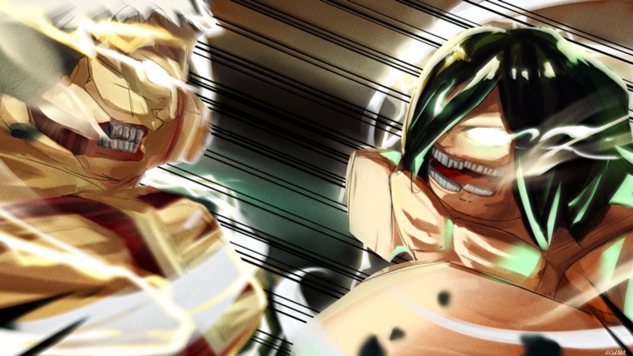 Armored Titan and Attack Titan clashing in Attack on Titan Paradis on Roblox