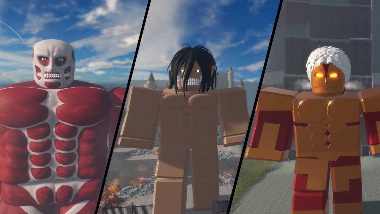 Colossal, Attack, and Armored Titans standing in the Paradis map in Attack on Titan Paradis